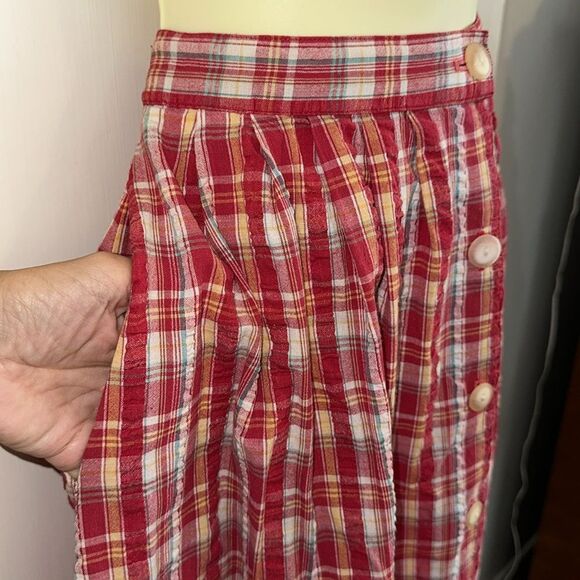 Vtg 80s Red, Yellow, White & Green Plaid Madras Cloth Button Front Full Skirt - Picture 4 of 6